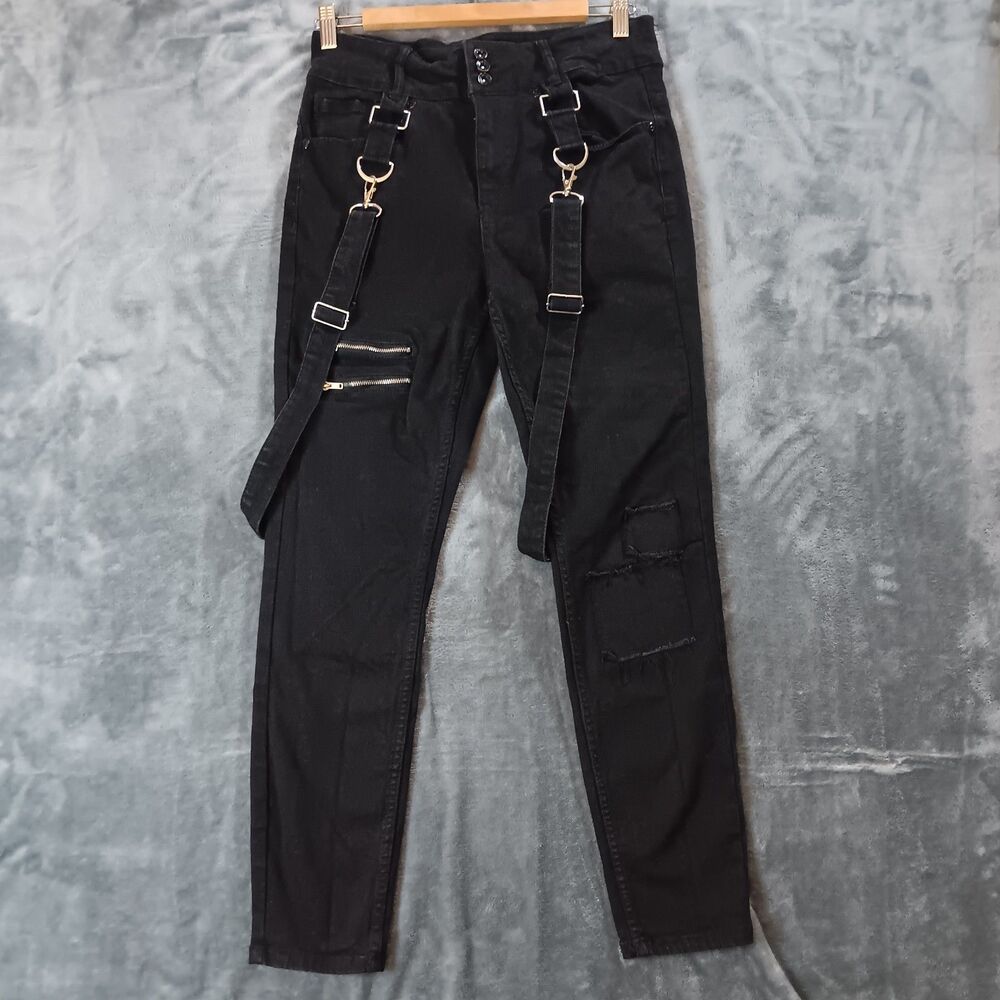 HT Denim High Rise Super Skinny Black Suspenders Goth Emo Punk Alt Grunge Gothic